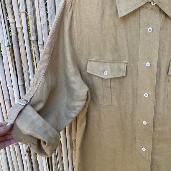 Soft Surroundings Tan 100% Linen Lagenlook long line button front shirt sz L - Picture 5 of 11